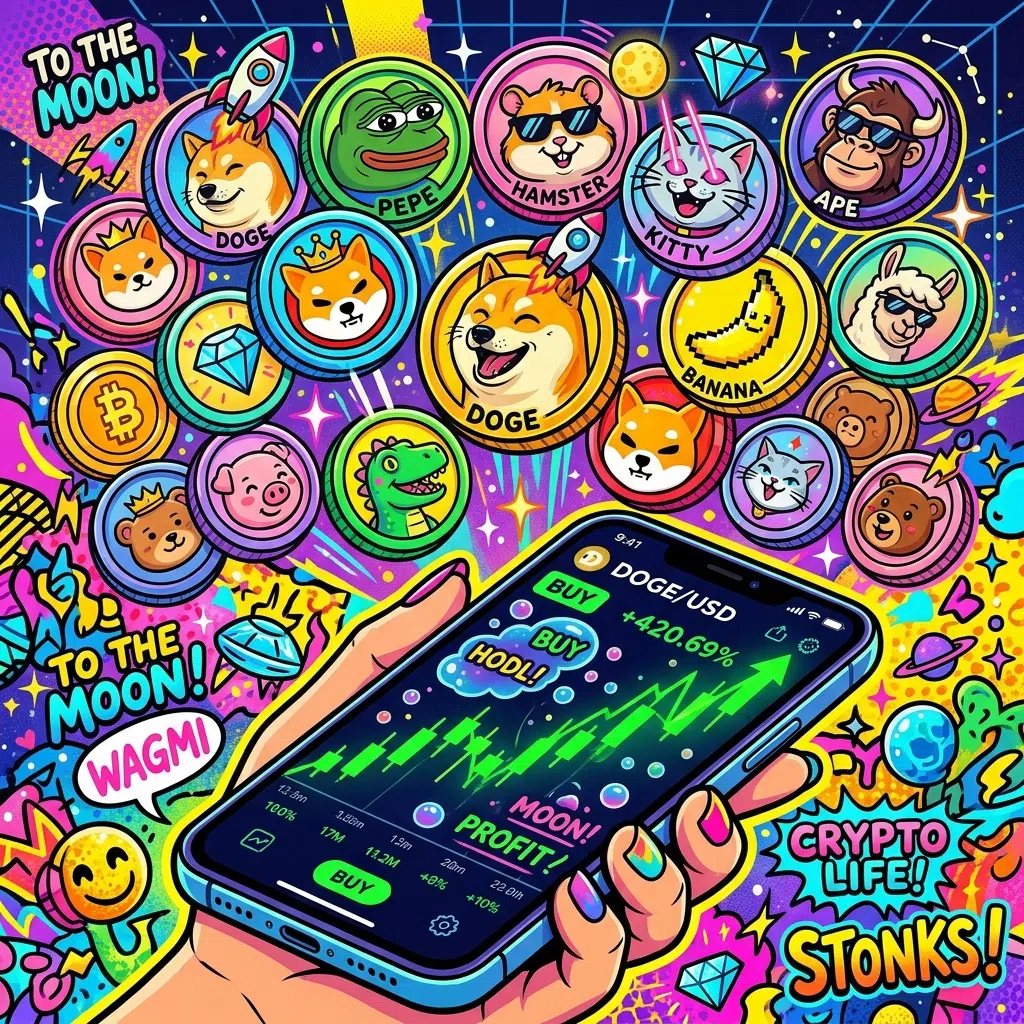 Ilustrasi berbagai maskot meme coin di atas grafik harga