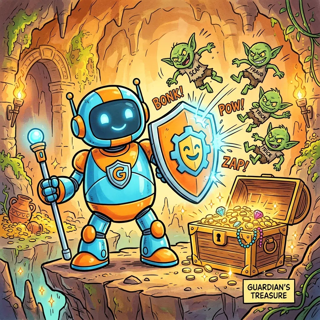 Maskot kartun menjaga wallet dari upaya penipuan dengan perisai