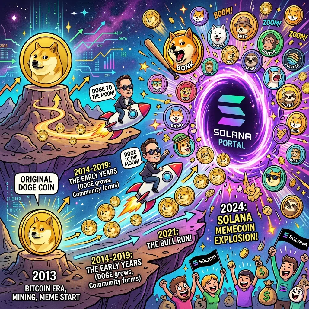 Linimasa evolusi meme coin dari Dogecoin ke era Solana
